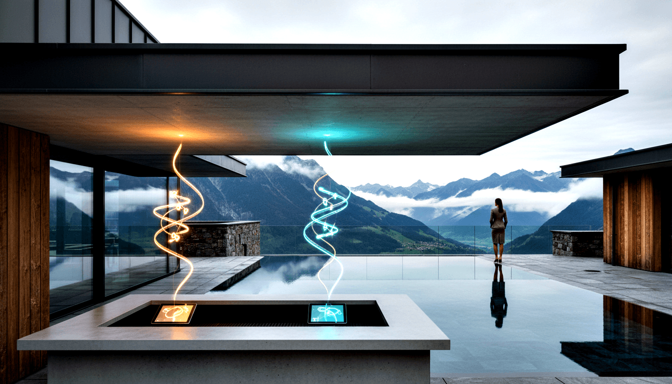 Covered terrace with amber and cyan helical sculptures on lit panels, infinity pool with lone figure, alpine mountain backdrop.
