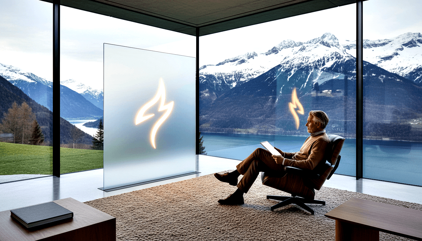 Gray-haired man in tan turtleneck reclines in leather chair with tablet; frosted glass amber symbols, snow mountains and lake behind.