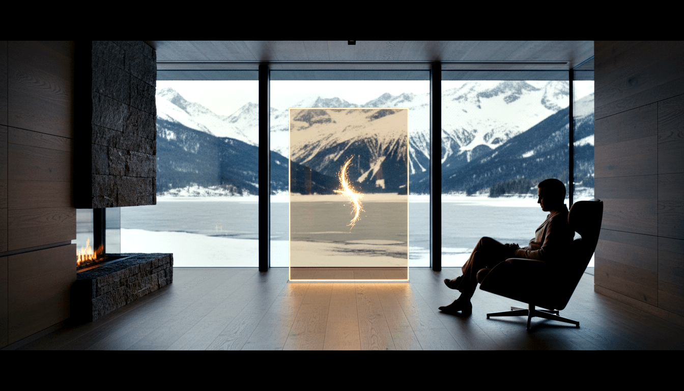 Silhouette in lounge chair faces glowing golden-framed panel; snow mountains and frozen lake beyond floor-to-ceiling windows.