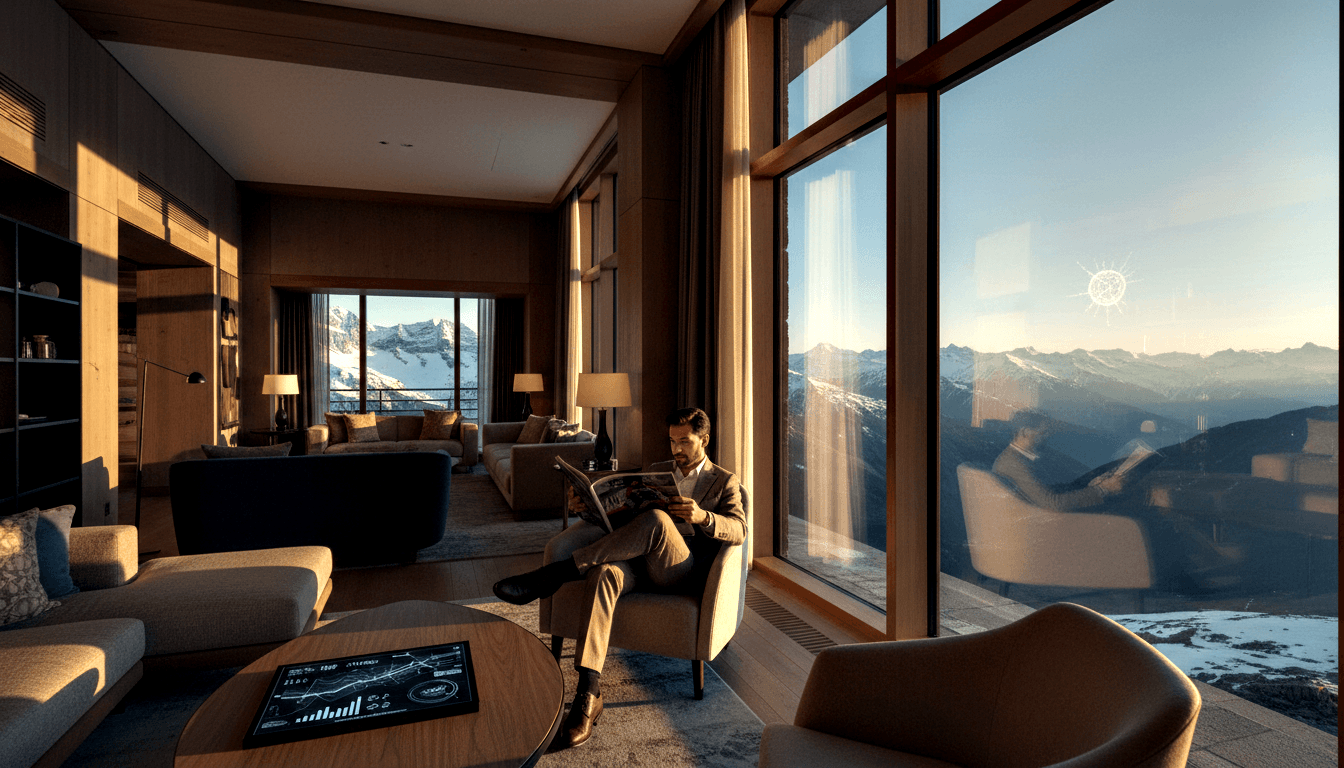 Man in beige suit sits cross-legged in armchair reading, with snow-capped mountains visible through floor-to-ceiling windows.