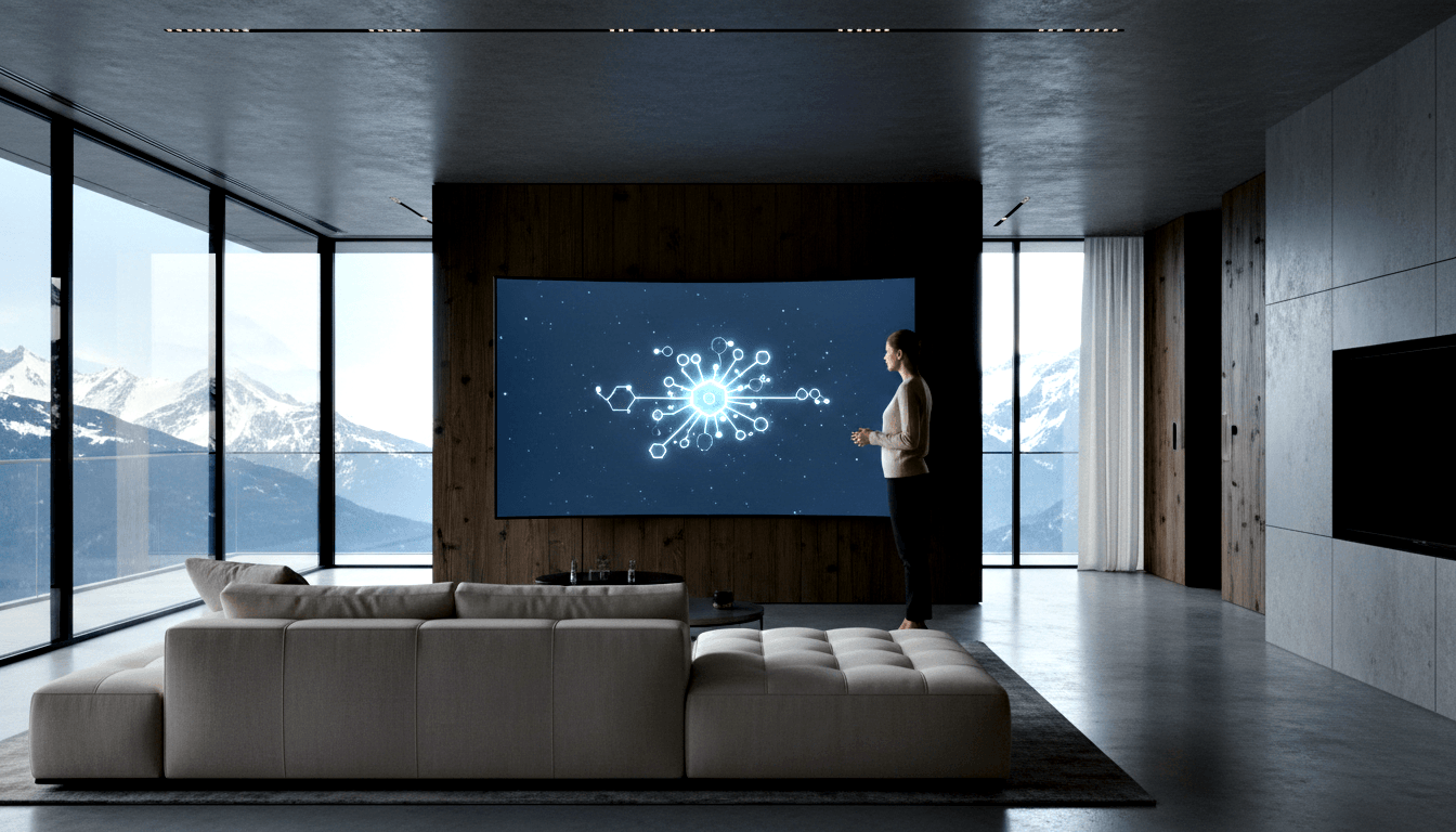 Woman in beige top and dark trousers gestures barefoot at a glowing cyan network diagram on a large curved screen, wood-paneled wall.