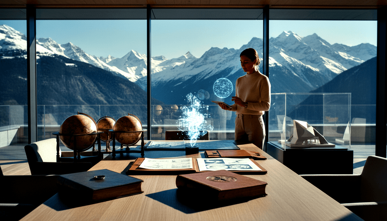 Woman in cream turtleneck holding a tablet views a glowing blue holographic sphere above a wooden table with antique globes and books.