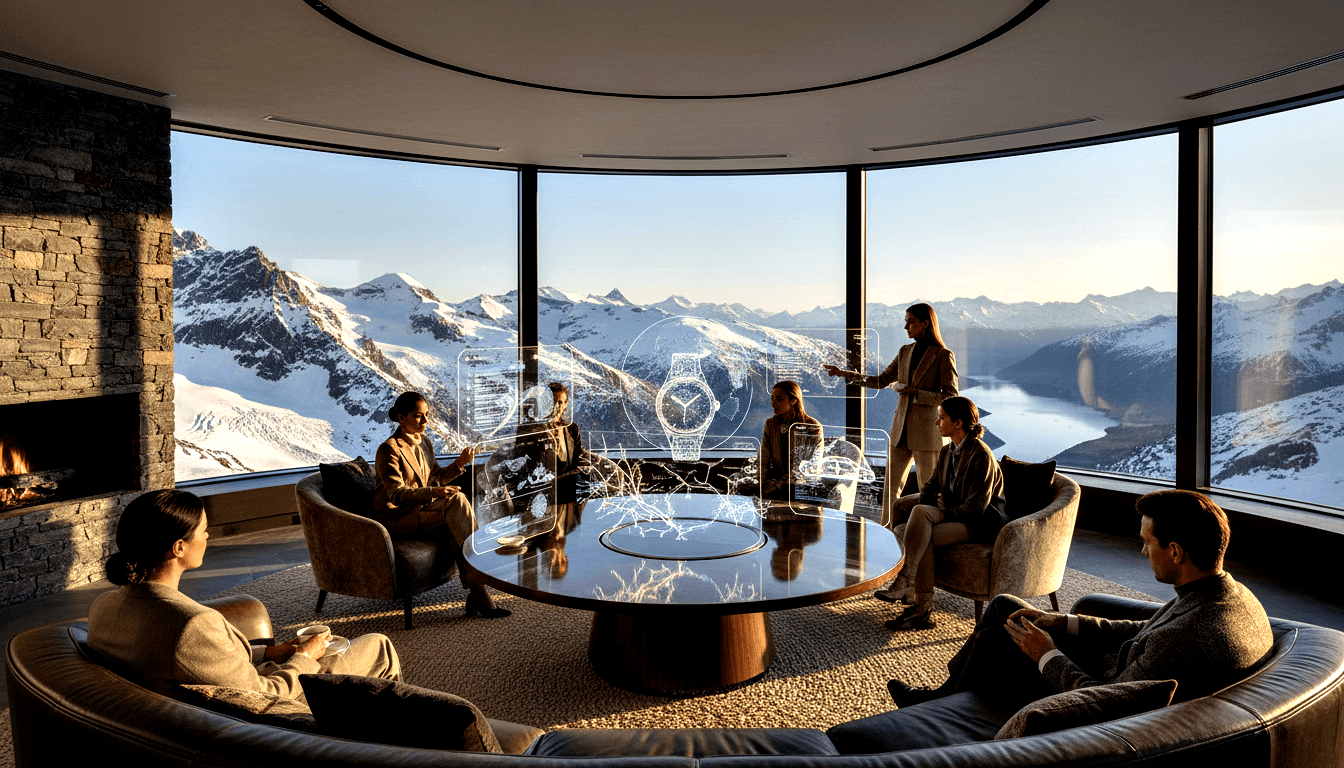 CGI scene: six adults at round table with cyan holograms; standing woman gestures, fireplace and snowy mountain windows behind.