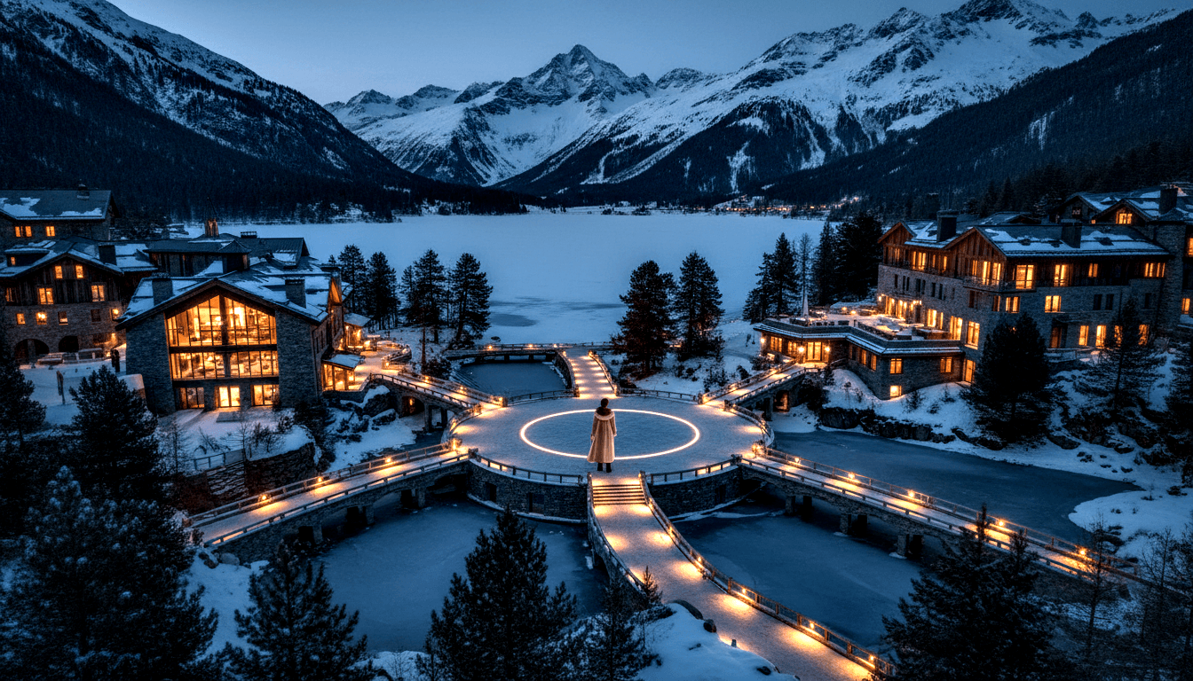 Lone figure on glowing circular platform, four lit walkways, stone buildings, snow-covered grounds, mountain peak at twilight.