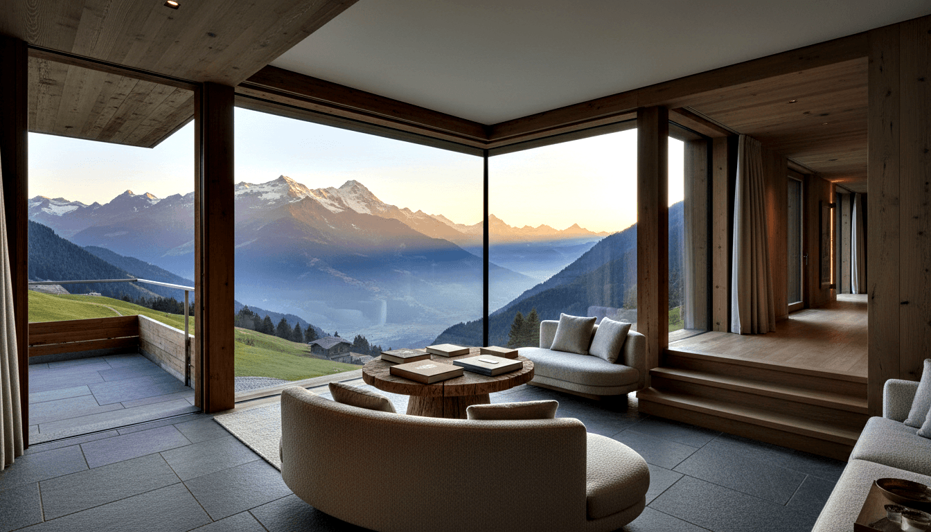 Corner floor-to-ceiling glass walls frame alpine valley; cream armchair, wood-slab coffee table, grey sofa on slate tile floor.