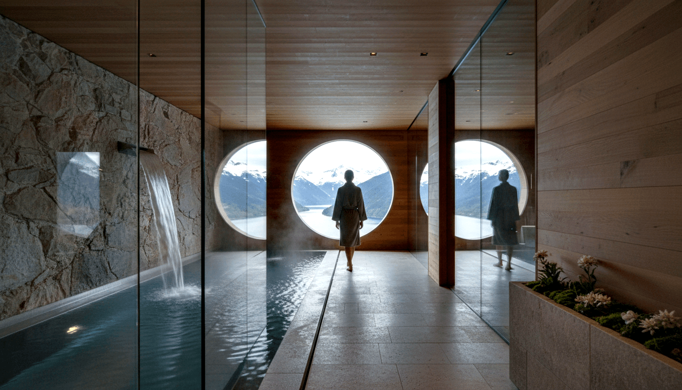 Indoor spa pool with stone waterfall, steam rising, and a robed figure silhouetted before a circular window framing a snow-capped mountain vista.