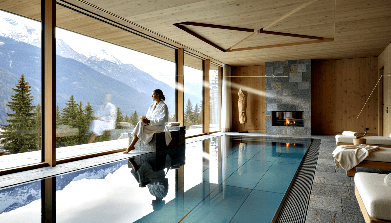 Woman in white bathrobe sits by indoor spa pool holding a cup, gazing at snow-capped mountains through floor-to-ceiling windows.