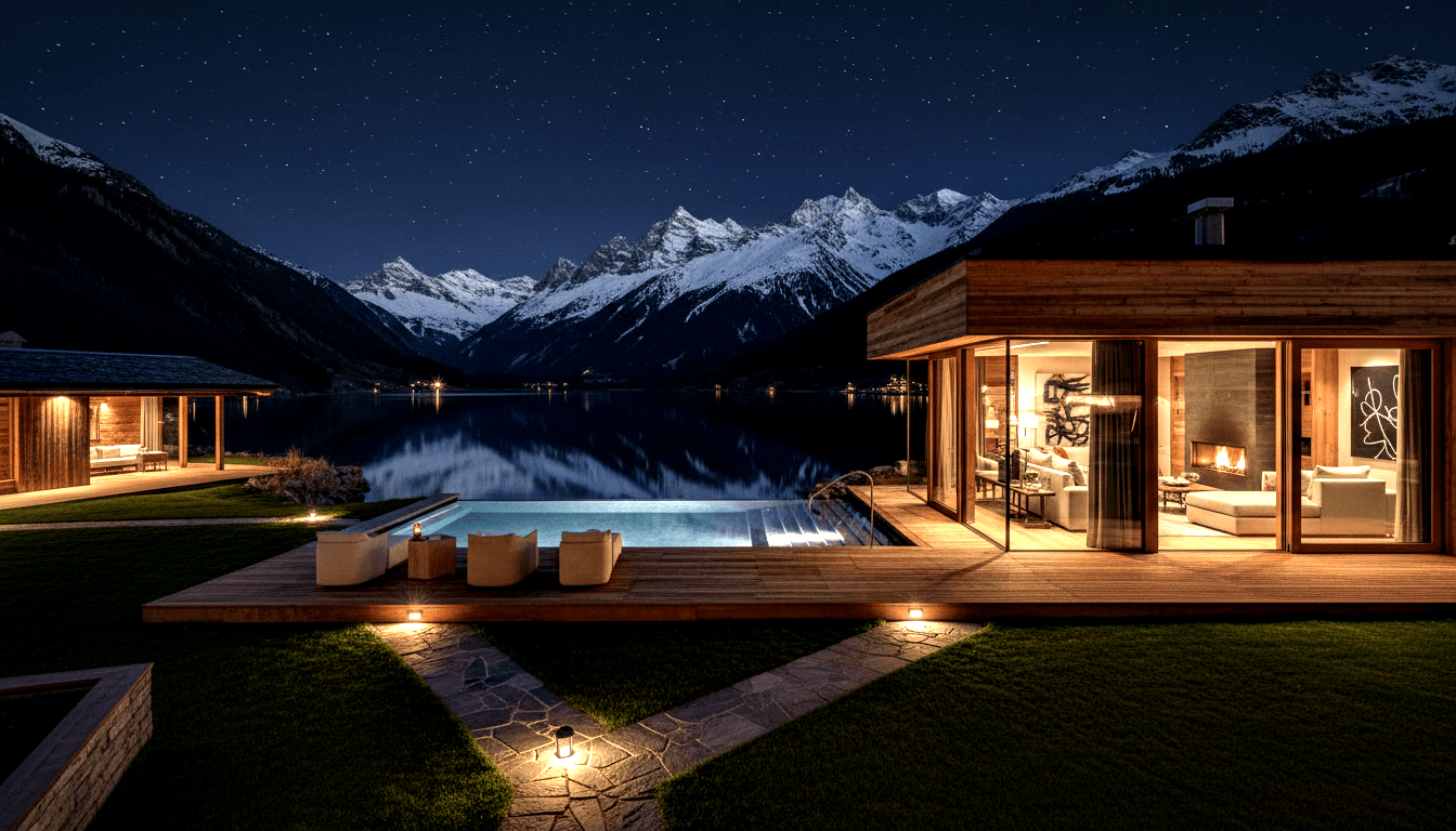Lakeside chalet at night with glowing pool on wooden deck, warm interior visible through glass doors, calm lake reflecting snow-capped peaks.