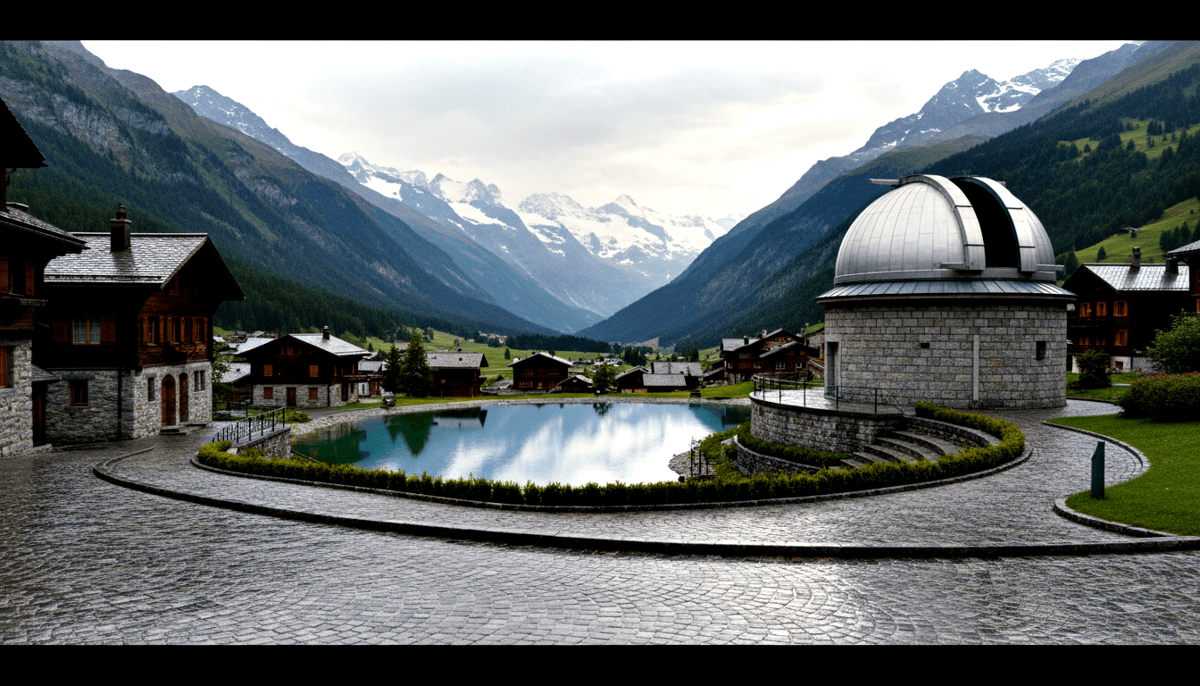 Stone observatory building with silver split dome beside a circular stone pond on a cobblestone plaza in an Alpine chalet village.