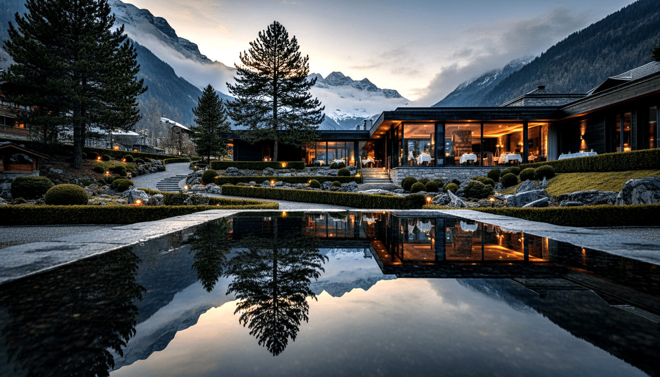Glass lodge glows amber at dusk, dining tables inside, stone base, topiary, snow peaks reflected in still pool.