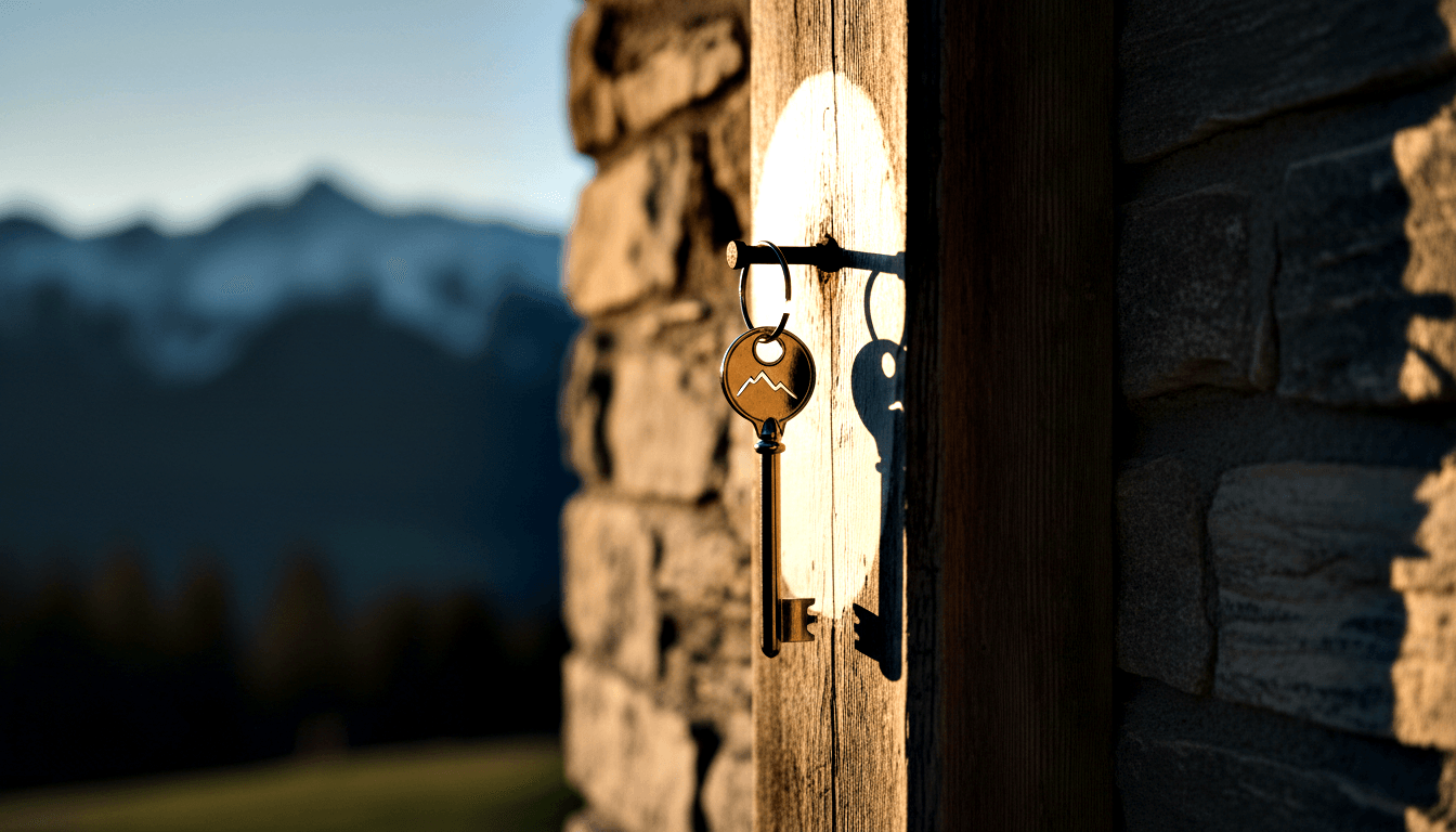 Brass skeleton key with circular mountain-engraved fob on an iron hook at a dark wooden post meeting a stone wall, golden halo glow.