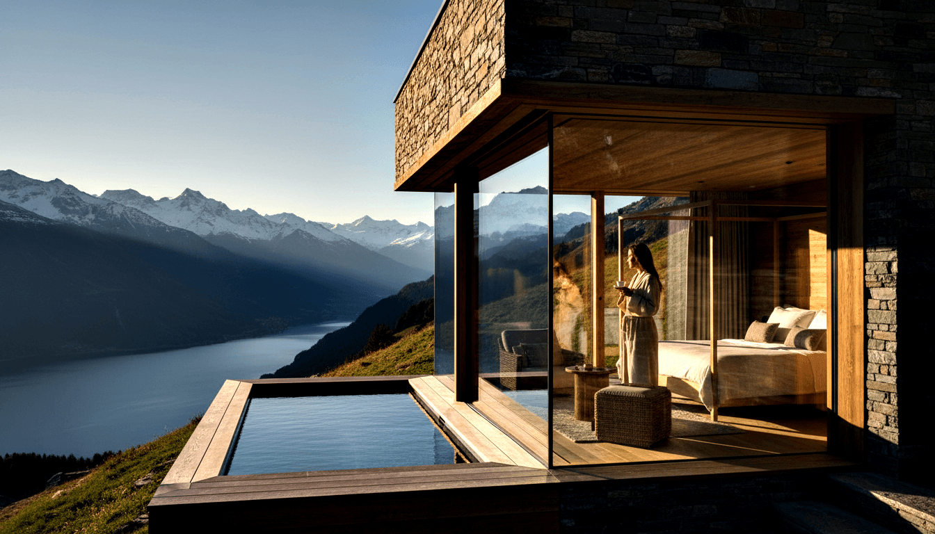 Wooden deck with square soaking tub overlooks glacial lake and snow-capped mountains; woman in robe holds cup behind floor-to-ceiling glass.
