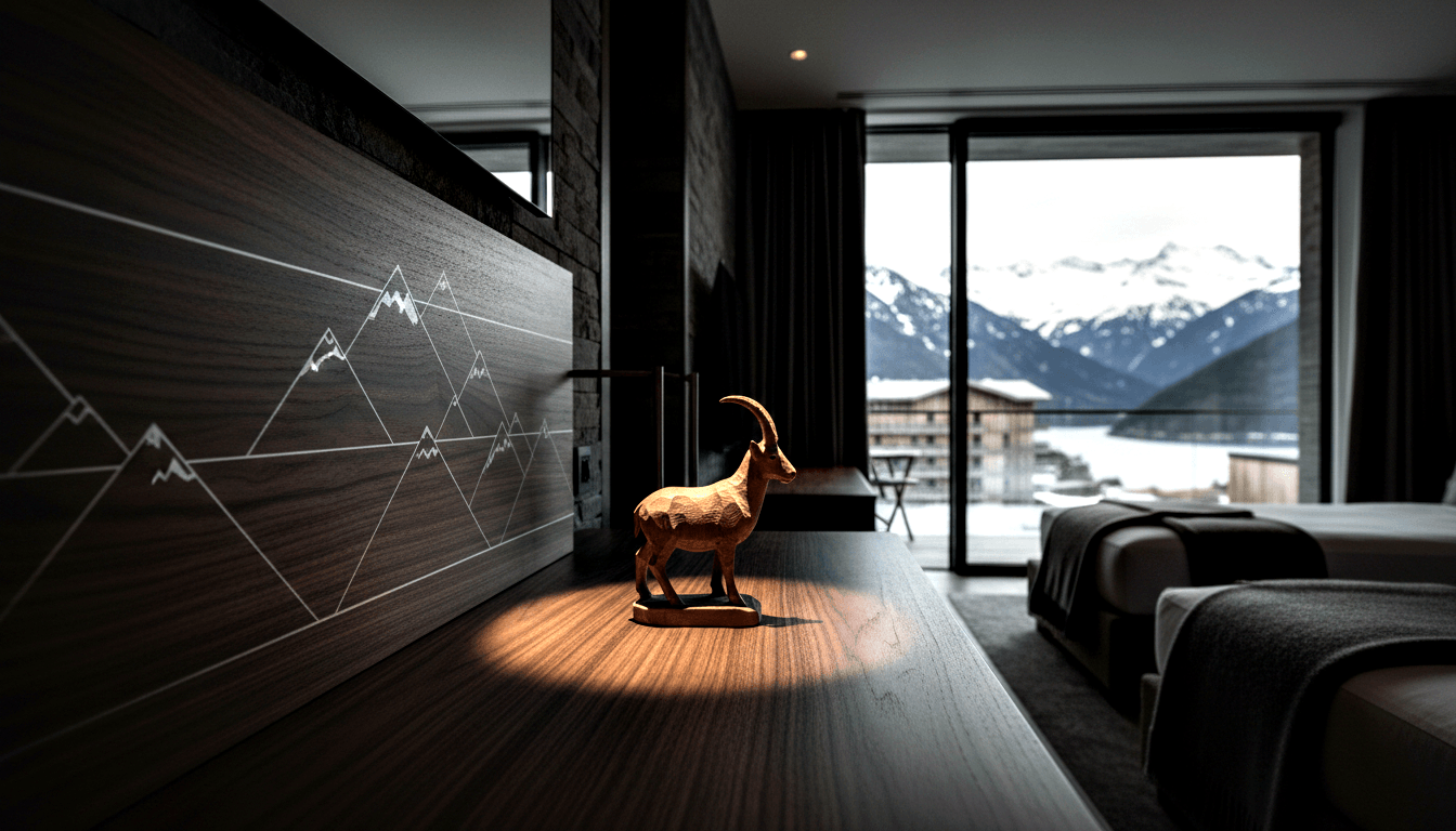 Small carved wooden ibex figurine on a walnut ledge before a floor-to-ceiling window overlooking a snow-covered alpine landscape.