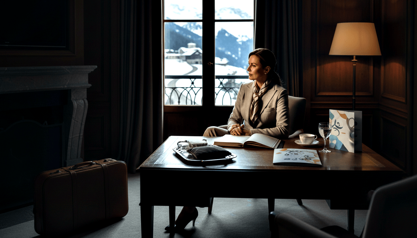 Dark-haired woman in grey blazer at wooden desk; French doors open to snowy mountains, ornate fireplace left, amber floor lamp.