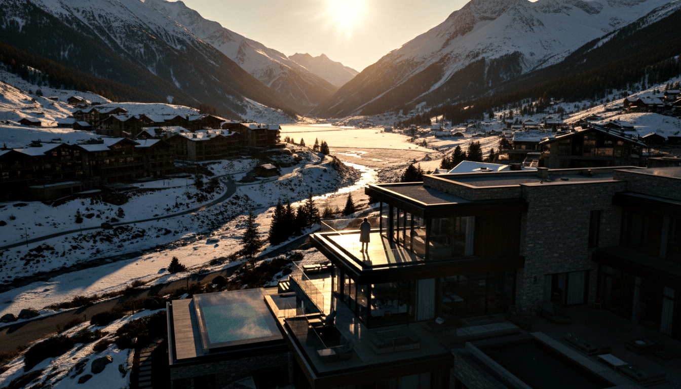 Lone robed figure on upper balcony of terraced stone-and-glass building with blue pool, overlooking snow-covered Alpine valley at golden sunset.