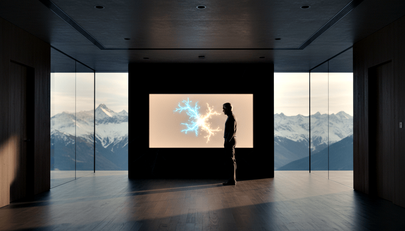 Silhouetted figure before wall screen showing blue and amber fractal; snow-capped mountains through floor-to-ceiling windows.