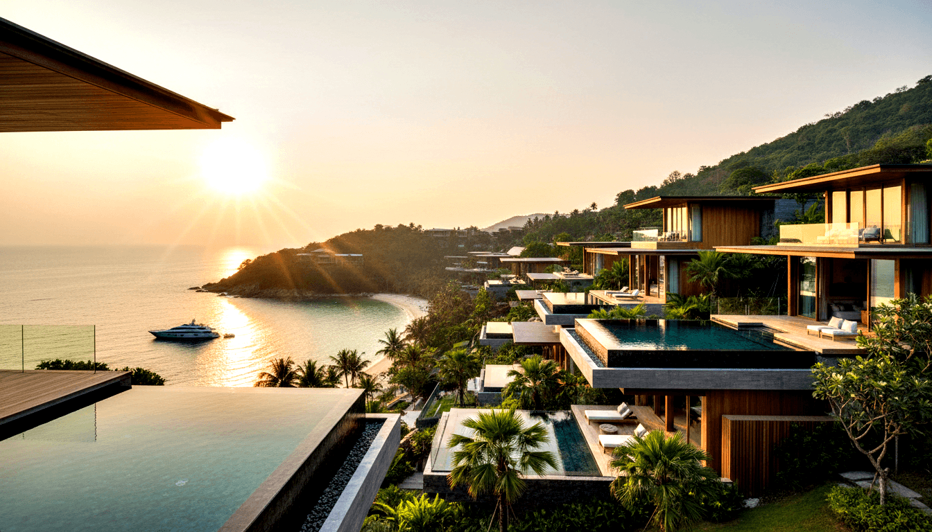 Terraced hillside resort with cascading infinity pools at staggered levels leading to a sandy cove and calm bay, shot from above at golden hour.