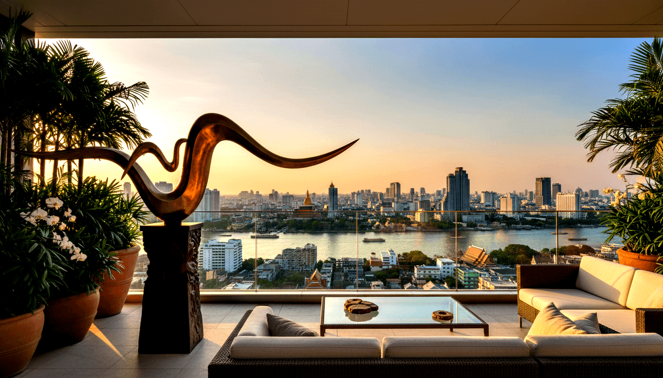High-rise terrace: bronze sculpture on carved pedestal, rattan sofas, tropical palms, panoramic river and city skyline at sunset.