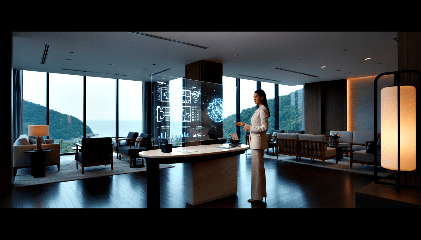 Woman in cream attire gestures at transparent display showing blue network diagrams beside a marble desk; coastal view behind.