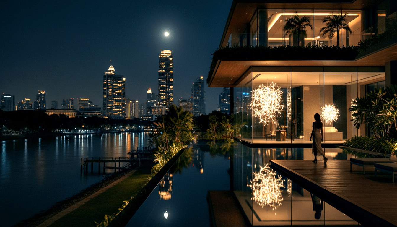 Glass villa at night: infinity pool, silhouetted woman, starburst lights inside; water reflects amber skyline and full moon.