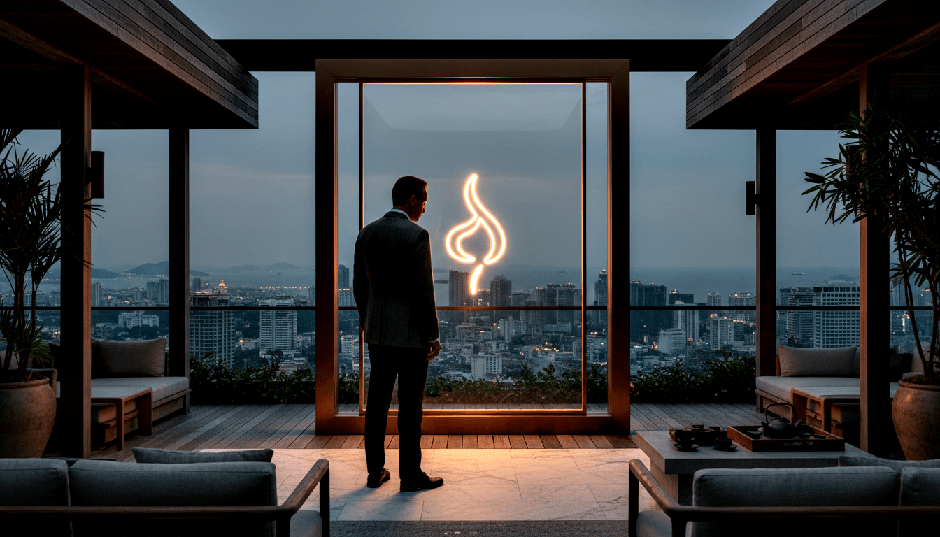 Man in dark suit facing a glowing amber serpentine neon sculpture in a framed glass panel on a terrace at twilight.
