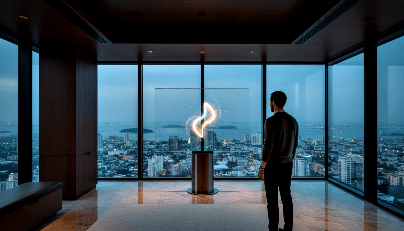 Man in dark charcoal clothing facing a glowing orange-gold spiral flame sculpture on a brushed-metal pedestal in a minimalist interior.