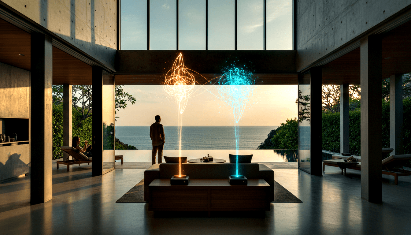 Modern interior with two glowing holograms on a coffee table; glass doors open to terrace, infinity pool, ocean at golden hour.