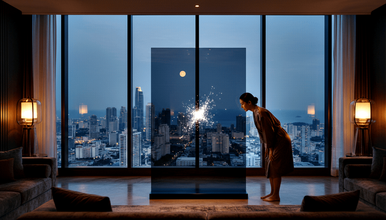 Woman in draped garment leans toward transparent panel emitting white sparkling light, amber lamps flanking, cityscape and moon at dusk.