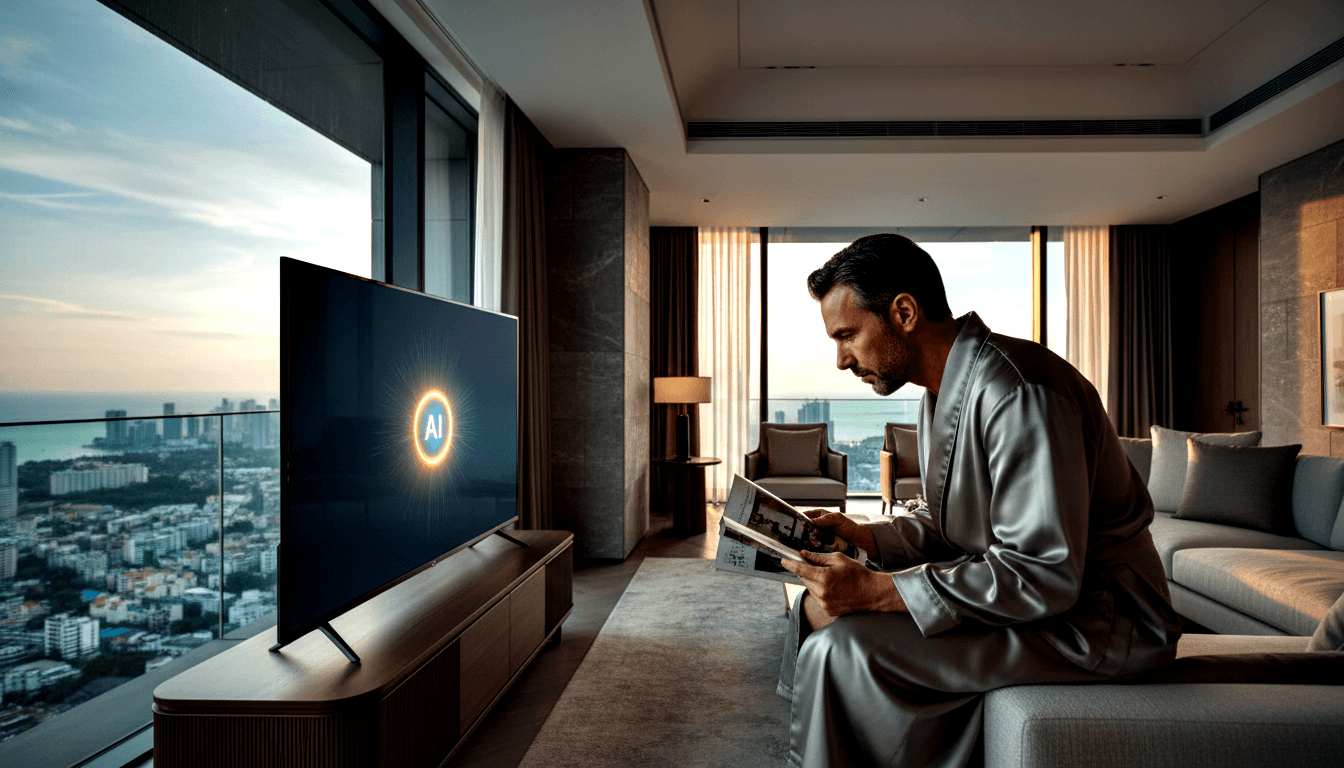 Man in silver-grey robe sits on light grey sofa reading a brochure; flat-screen TV displays glowing blue 'AI' emblem with radiating rays.