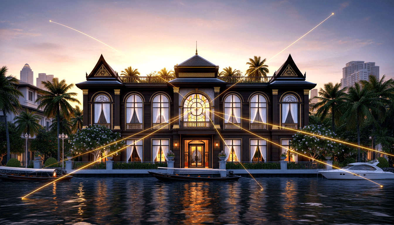 Two-story villa with dark brown Thai-colonial facade and golden starburst window on a calm river at dusk, flanked by palm trees and boats.