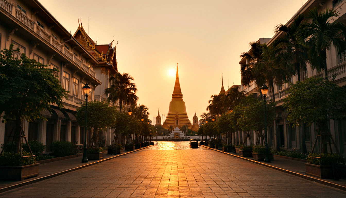 Tall golden Buddhist chedi at end of a symmetrical promenade flanked by cream colonial buildings, palm trees, and cast-iron lampposts at sunset.