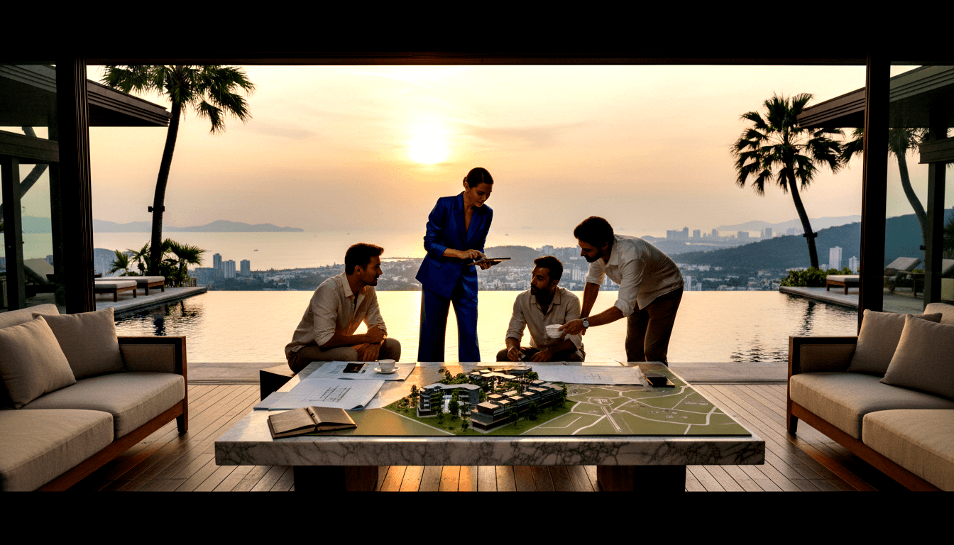 Four people reviewing blueprints and a scale model on a marble terrace at sunset, with an infinity pool and ocean behind them.
