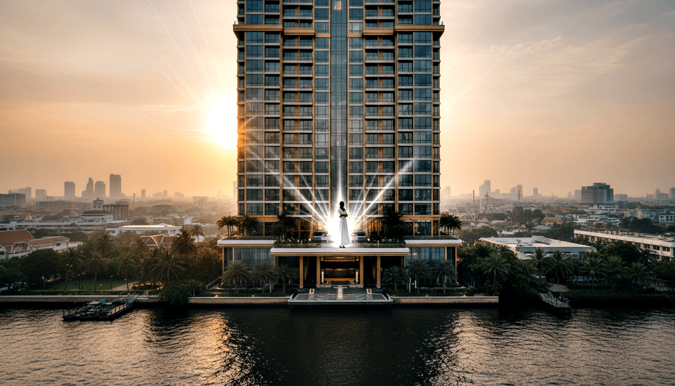 Tall glass-and-gold high-rise tower on a riverbank with CGI starburst light rays, a solitary figure in a white gown on the podium terrace.