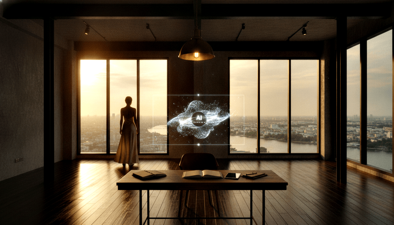 Woman silhouetted in CGI loft at sunset, facing a glowing blue-white holographic 'AI' cloud above a wooden desk.