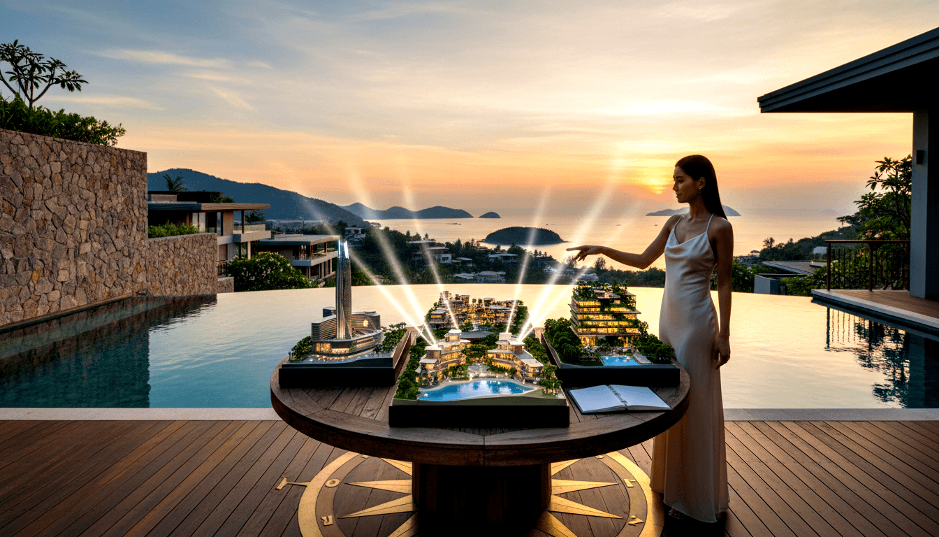 Woman in champagne dress gestures at glowing architectural scale model on pedestal table, golden-hour ocean sunset behind her.