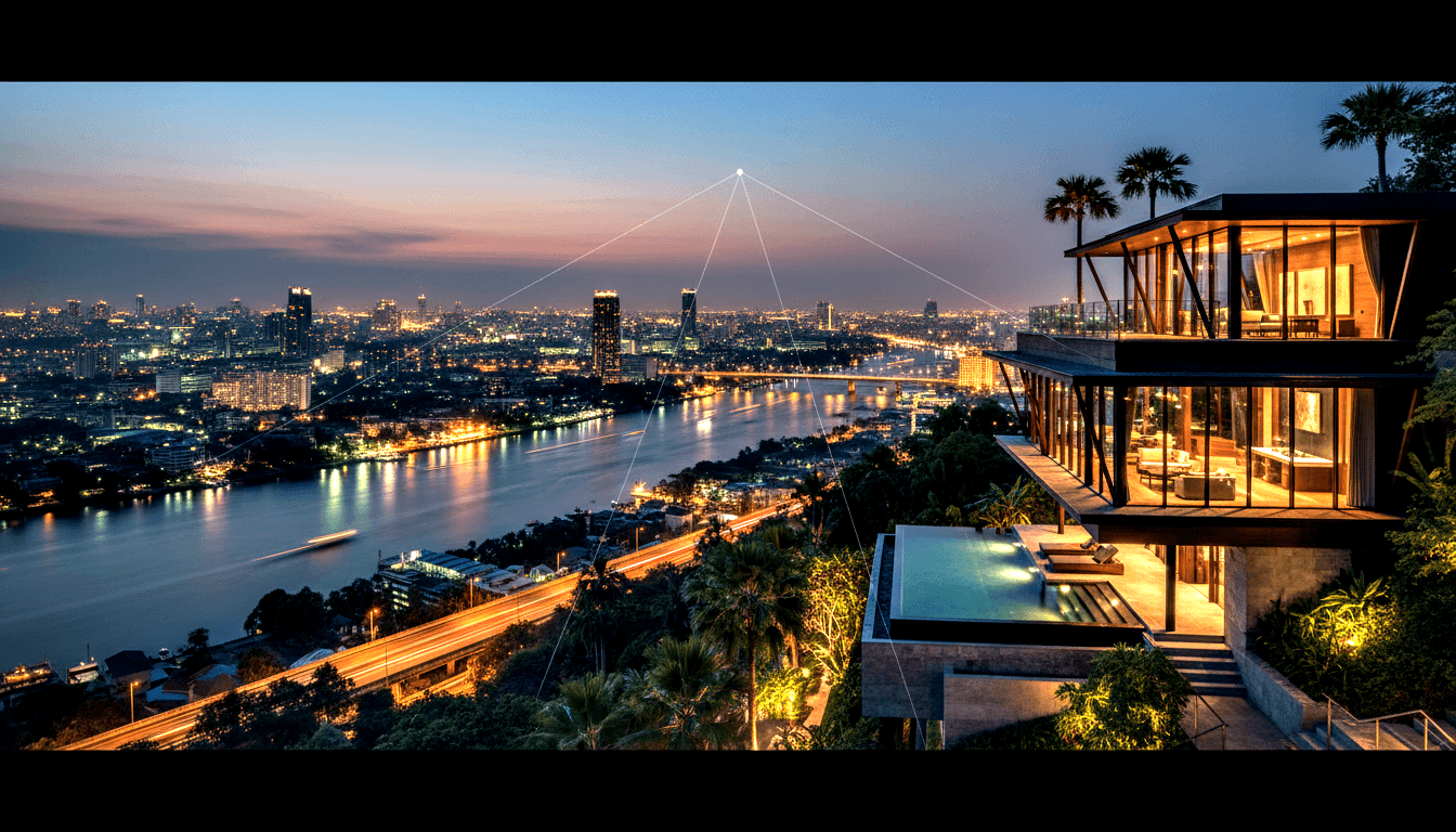 Twilight cityscape with river, light trails, starburst diagram overlay; glass villa with infinity pool on right.
