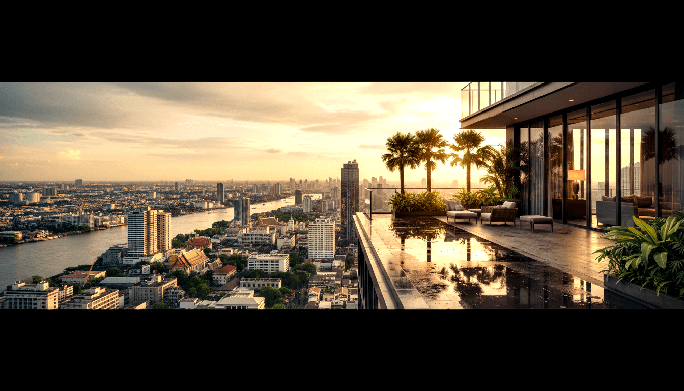 Rooftop terrace with lounge chairs, palms, and glass balustrades overlooking a river, urban skyline, and tiered temple rooftops at golden hour.