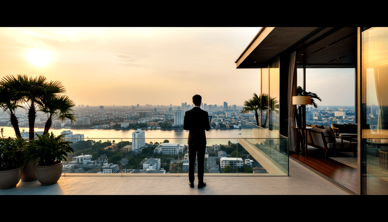 Man in dark suit holding tablet on high-rise terrace with glass balustrade, potted palms, and city river reflecting sunset below.