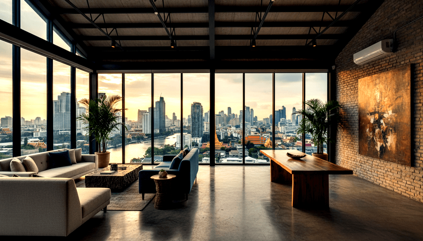 Loft with concrete ceiling, steel trusses, brick walls, floor-to-ceiling windows, golden-hour riverside skyline, pagoda silhouette.