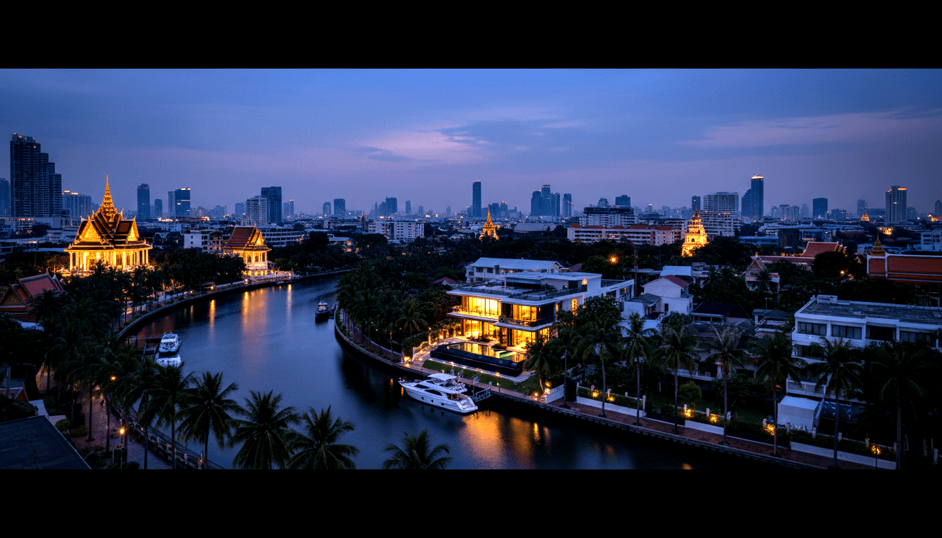 Winding canal with gold-lit Buddhist temple on left, modern glass villa with docked yacht in center, high-rise skyline at twilight.