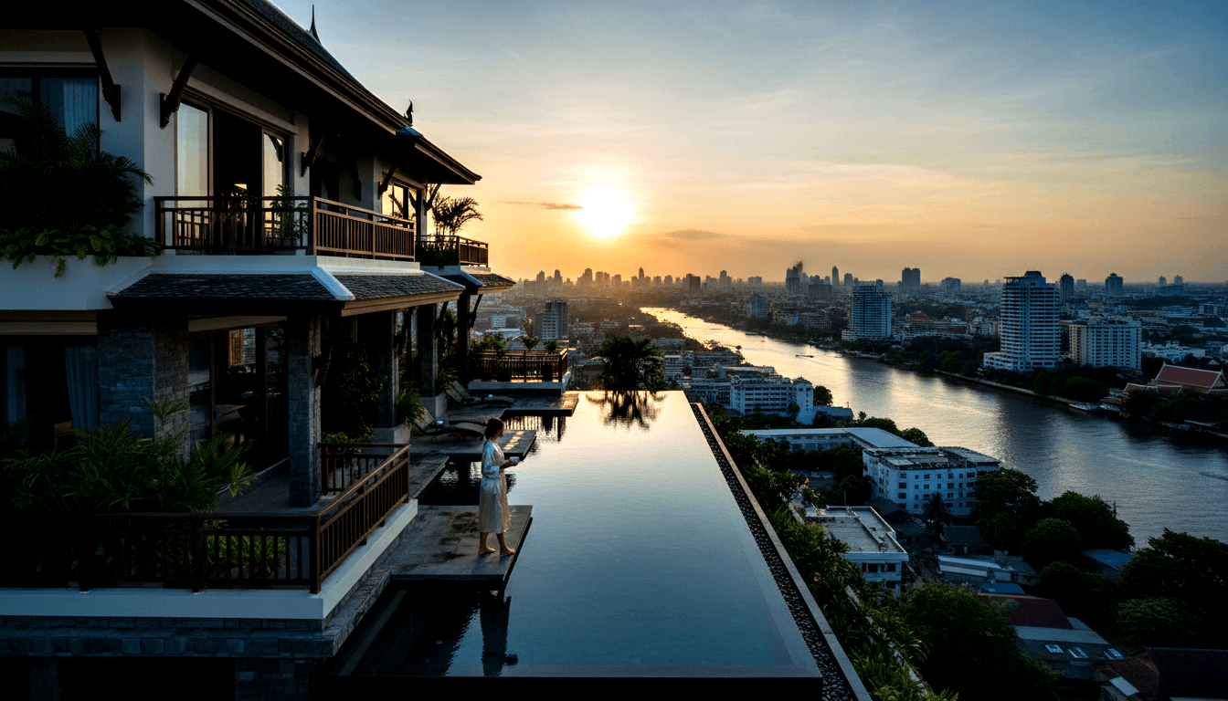 High-rise building with tiered curved roofs, a narrow infinity pool with one robed adult at its edge, river and urban skyline at golden hour.