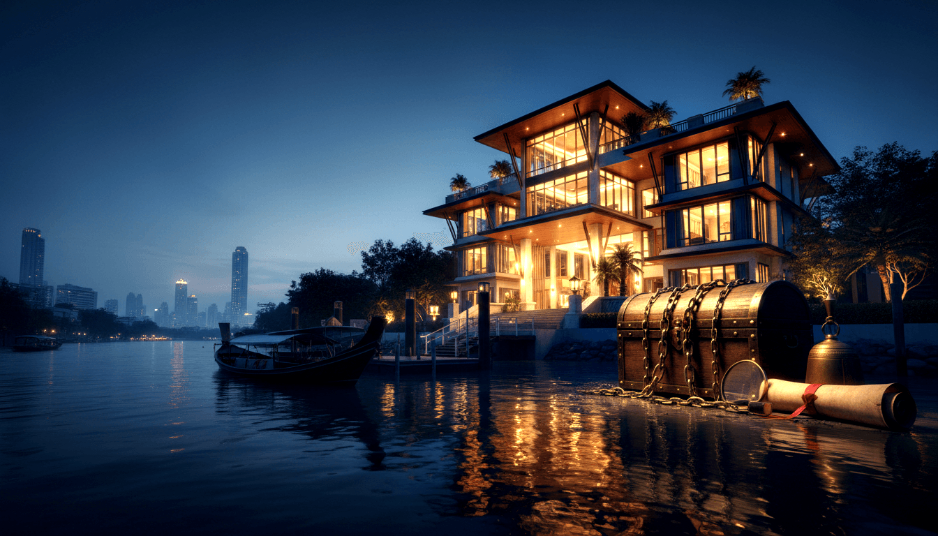 CGI night: amber waterfront mansion reflected on calm water, docked longtail boat, chained treasure chest and parchment in foreground.