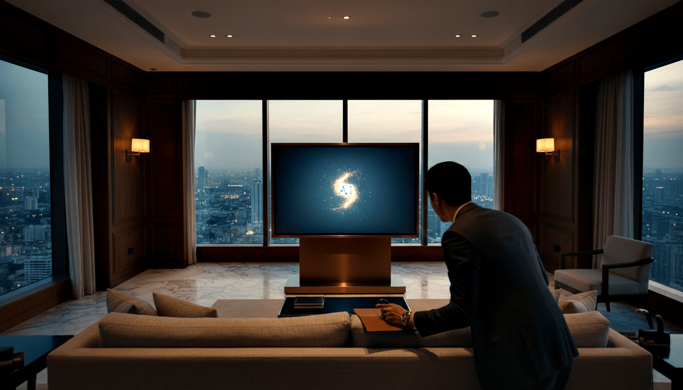 Man in dark suit facing large TV on bronze pedestal with glowing blue-white text; dim room, cream sofa, city skyline.