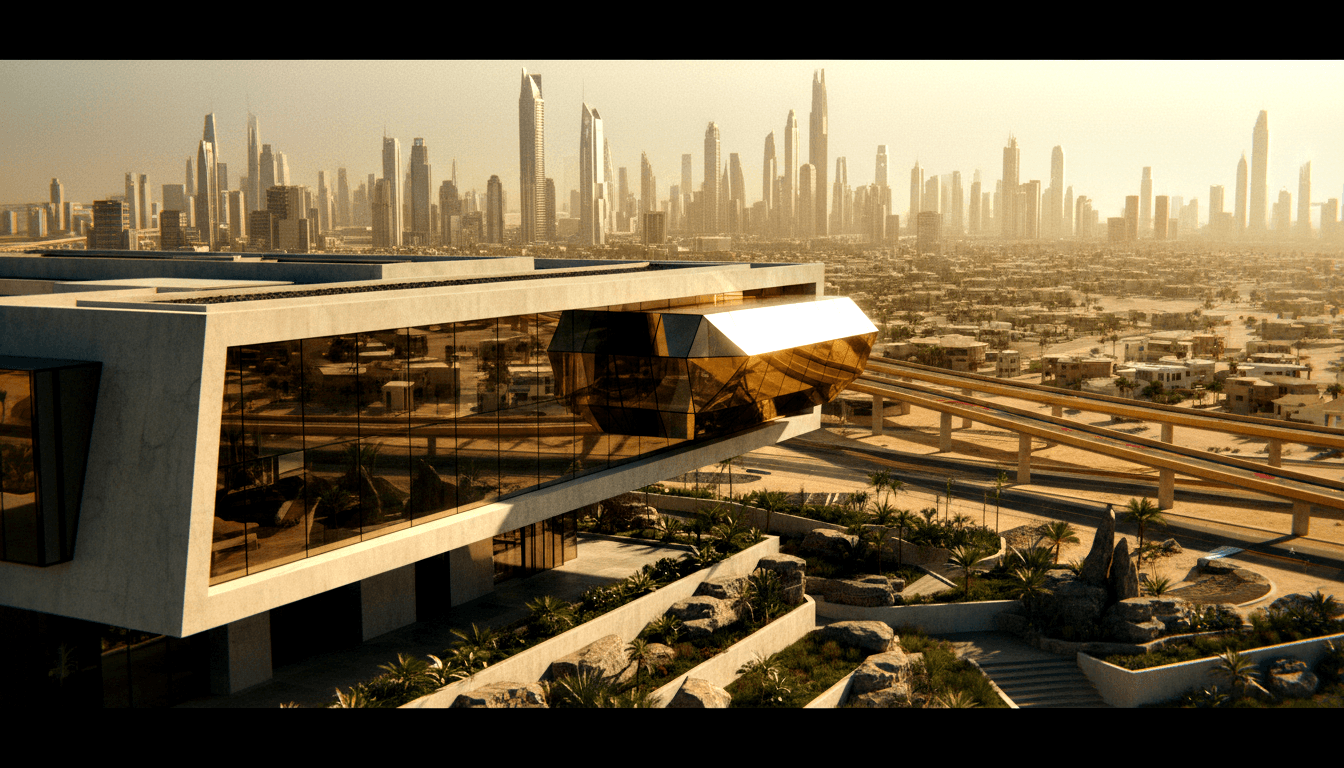 CGI render: dark bronze glass building with cantilevered golden crystalline upper level, terraced gardens, palms, hazy skyline backdrop.
