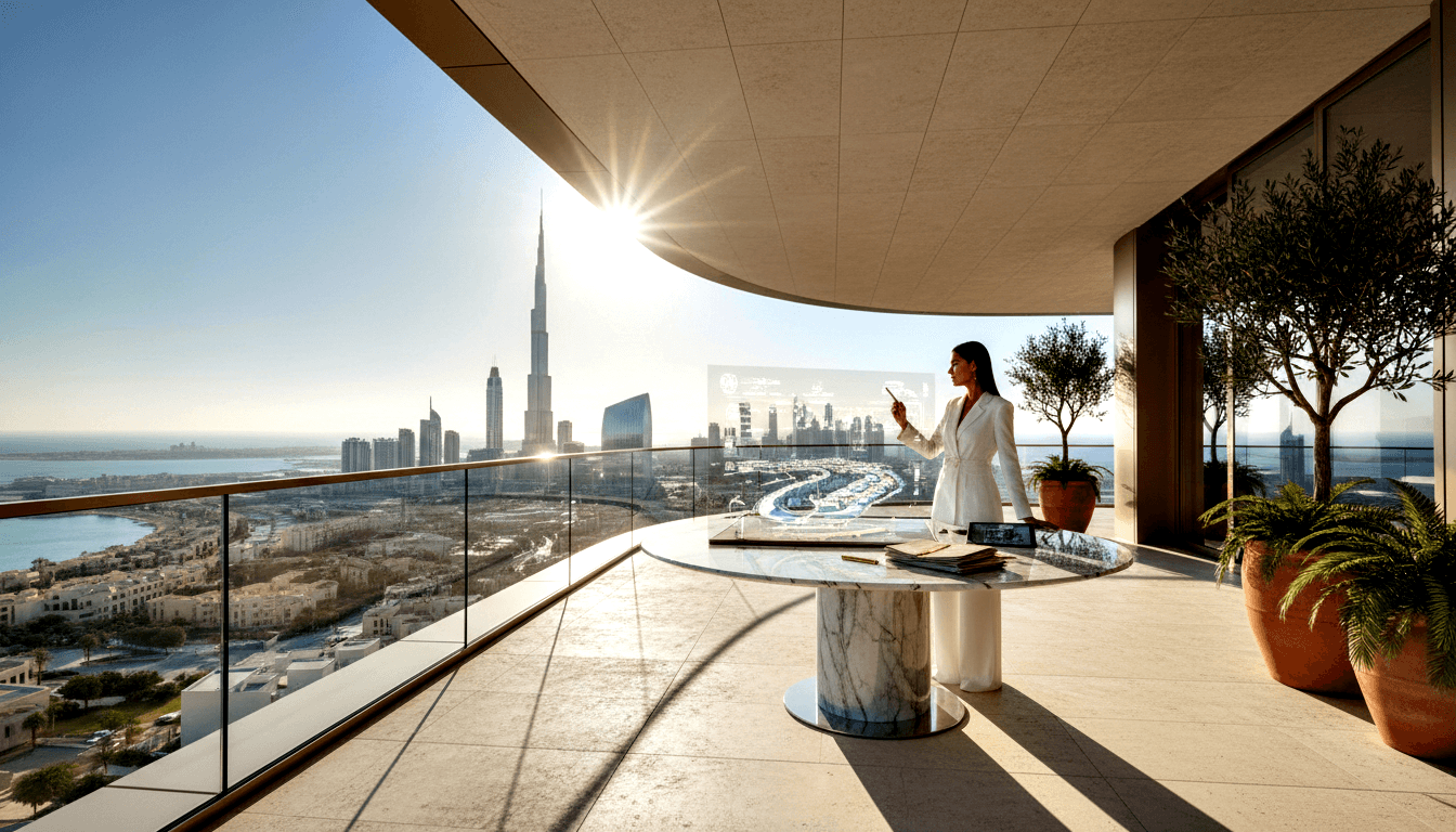 Dark-haired woman in white blazer on high-rise terrace gestures at holographic display; urban skyline and coastal waterways behind her.