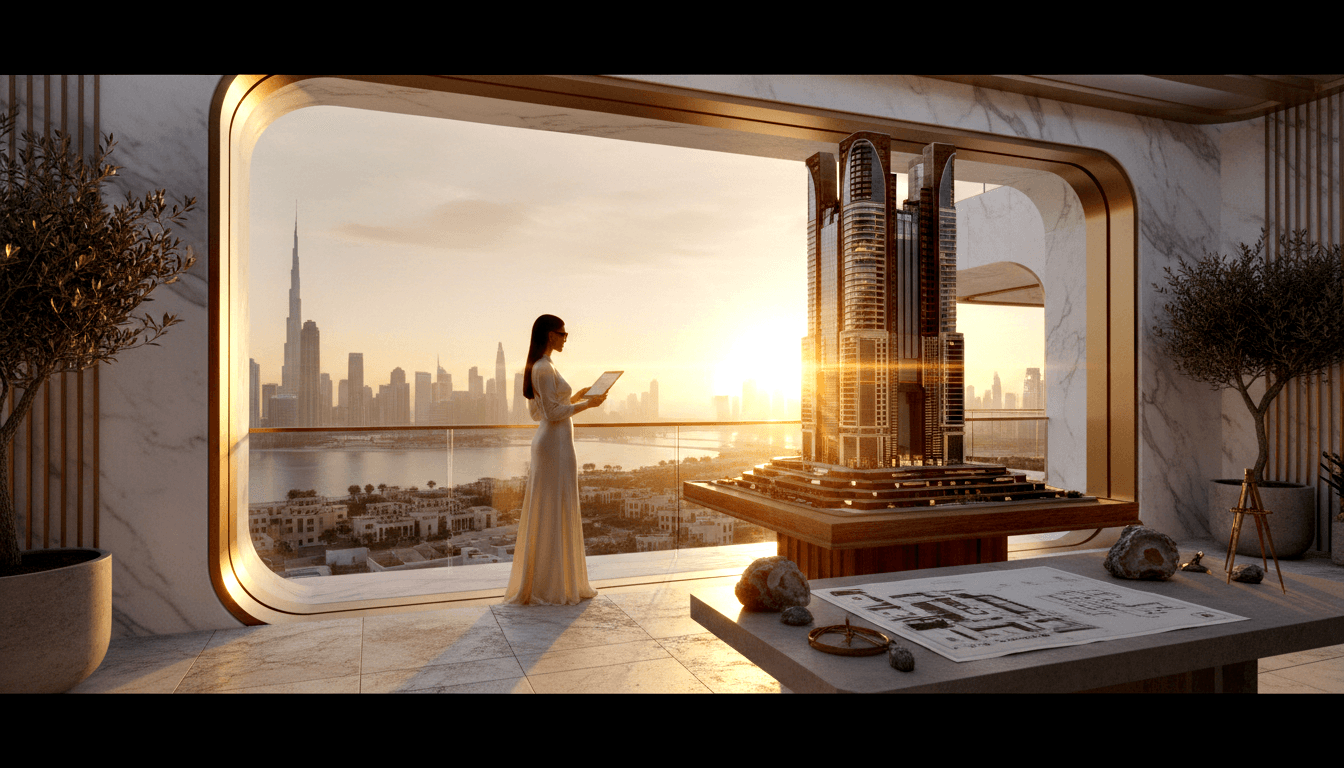Woman in white gown holds tablet at panoramic window, golden-sunset cityscape beyond, skyscraper model and blueprints on desk.