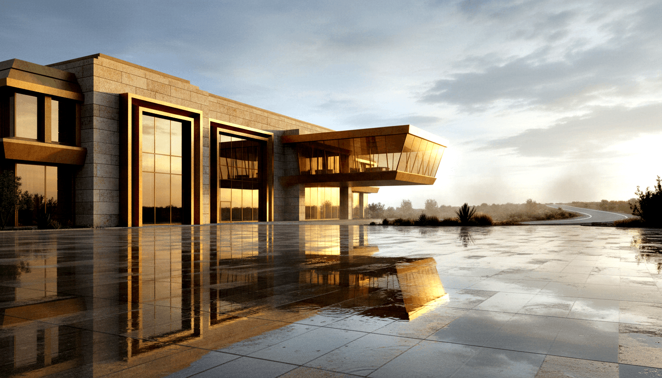CGI rendering of modern building with stone-clad walls, gold-framed glass curtain walls, cantilevered wing, reflective plaza.