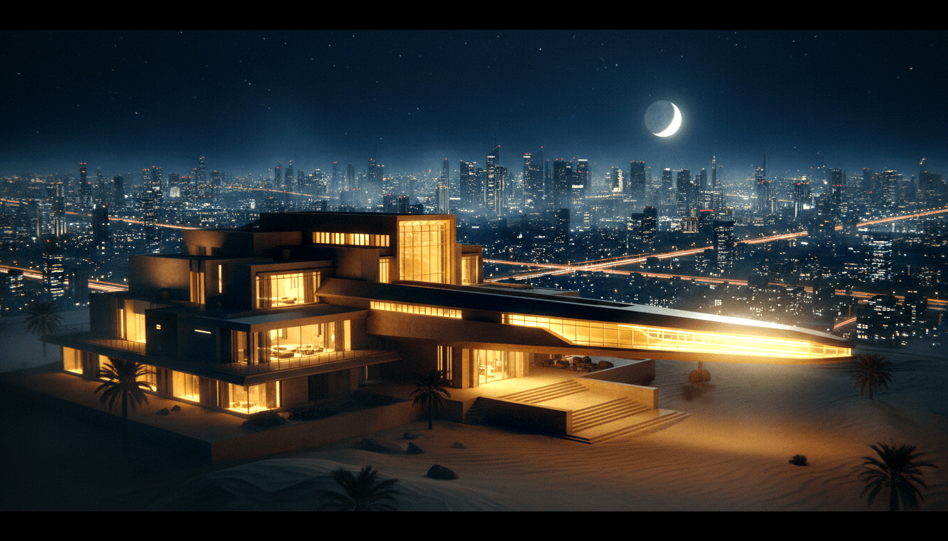 CGI modern villa with amber-lit glass terraces and cantilevered wing on desert, skyscraper skyline under night sky.