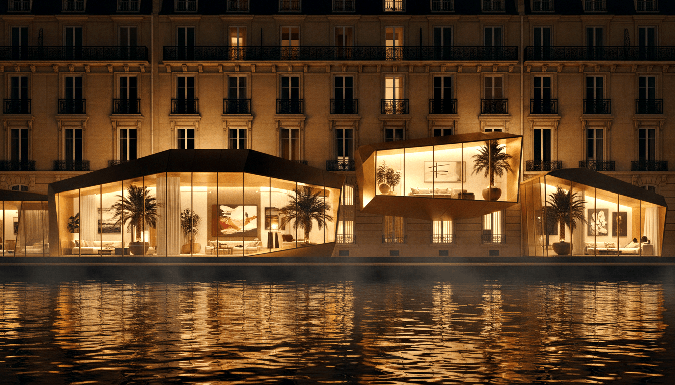 Three angular glass pavilions with copper rooflines over water at night, amber interiors, backed by uplighted classical stone building.