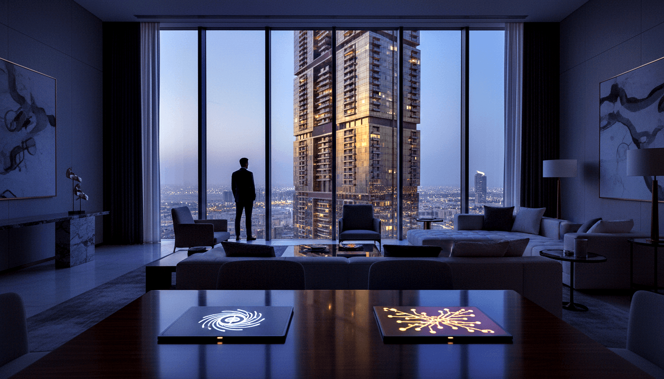 Silhouetted figure in dark suit stands at floor-to-ceiling windows overlooking a glowing cityscape and skyscraper at dusk.